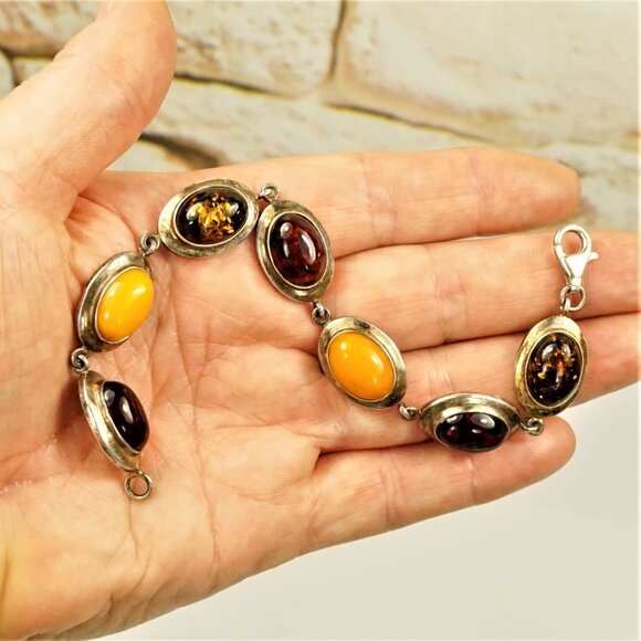 Multi Amber And 925 Silver Link Bracelet 7" - Unisex Amber Jewelry Gift - Picture 13 of 13